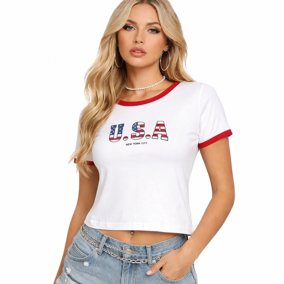 Divided Tops - H&M Divided USA Ringer Tee Y2K Graphic Baby Tee Patriotic NYC